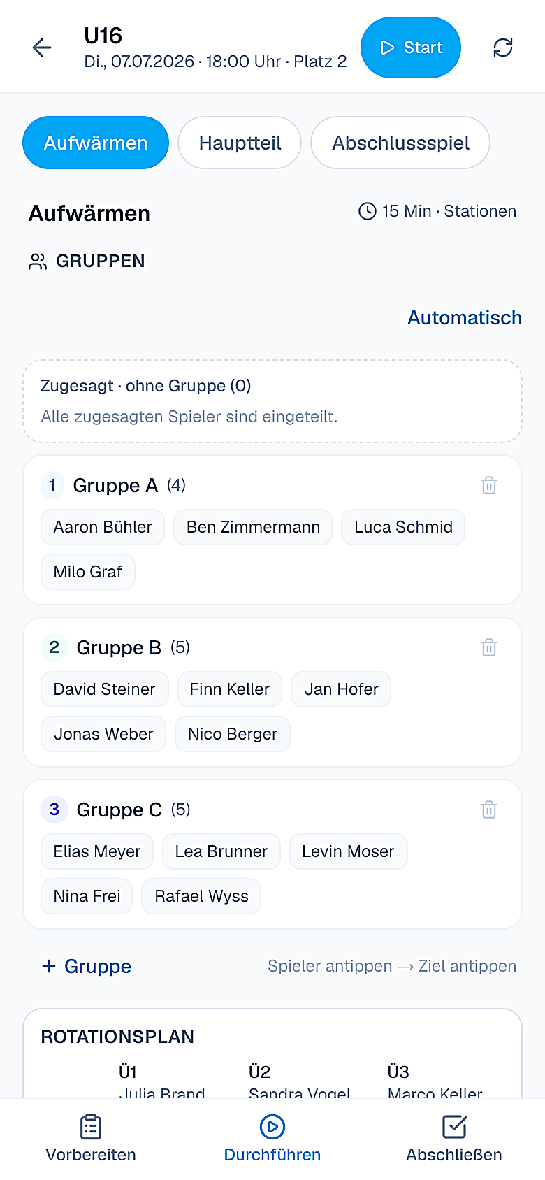 train.IQ Platz-Modus – Gruppen und Ablauf griffbereit am Platz