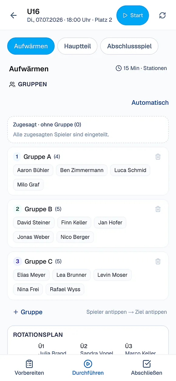 train.iq Platz-Modus – Gruppen und Ablauf griffbereit auf dem Handy